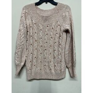 Soho Jeans Cable Knit Pearl Sweater Medium Blush Pink Chunky Cozy Preppy Chic